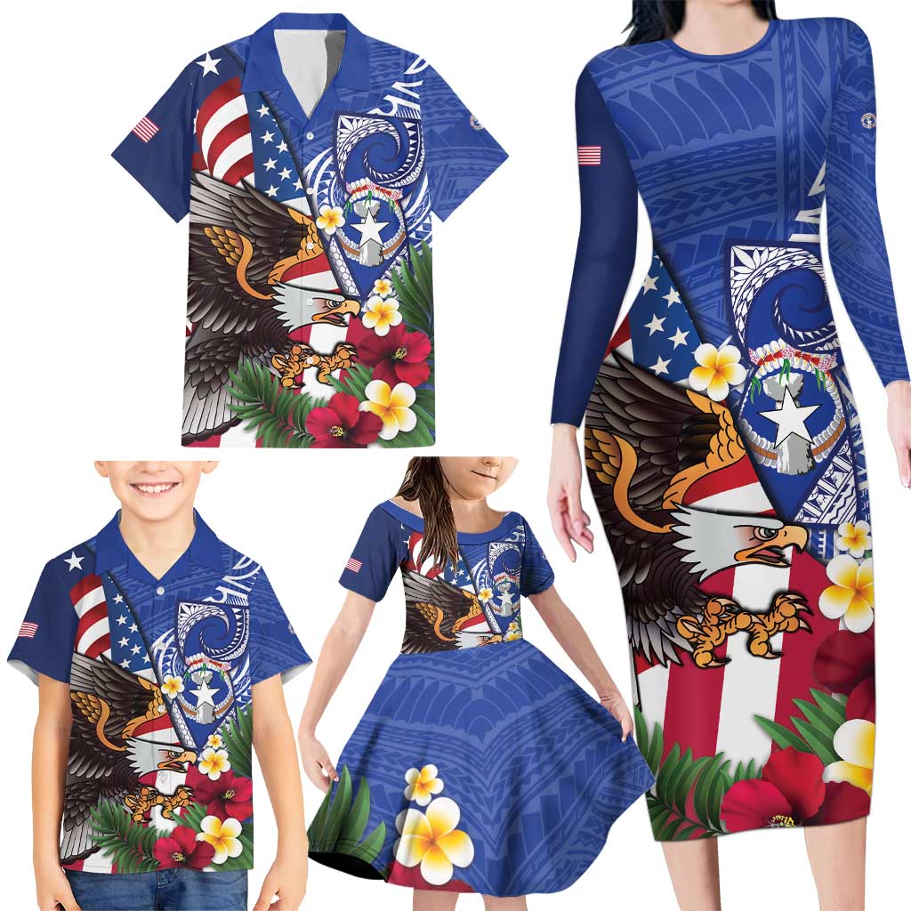 United States and Northern Mariana Islands Family Matching Long Sleeve Bodycon Dress and Hawaiian Shirt USA Flag Eagle CNMI Latte Stone Tropical Flowers
