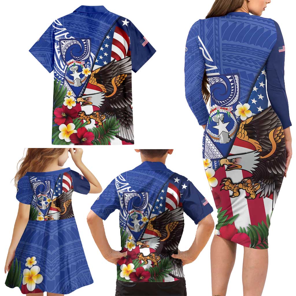 United States and Northern Mariana Islands Family Matching Long Sleeve Bodycon Dress and Hawaiian Shirt USA Flag Eagle CNMI Latte Stone Tropical Flowers LT14 - Polynesian Pride