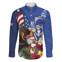 United States and Northern Mariana Islands Family Matching Long Sleeve Bodycon Dress and Hawaiian Shirt USA Flag Eagle CNMI Latte Stone Tropical Flowers LT14 Dad's Shirt - Long Sleeve Blue - Polynesian Pride