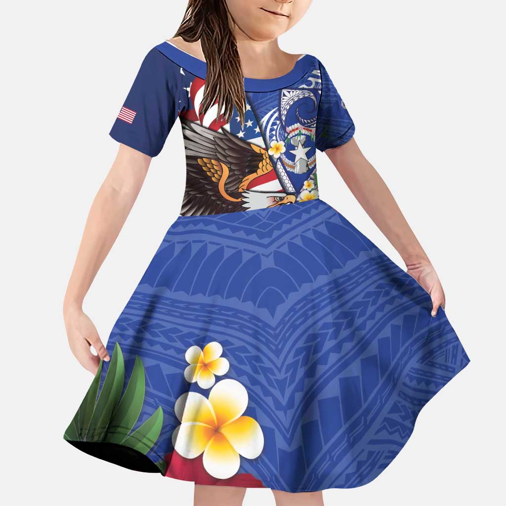United States and Northern Mariana Islands Family Matching Mermaid Dress and Hawaiian Shirt USA Flag Eagle CNMI Latte Stone Tropical Flowers LT14 Daughter's Dress Blue - Polynesian Pride