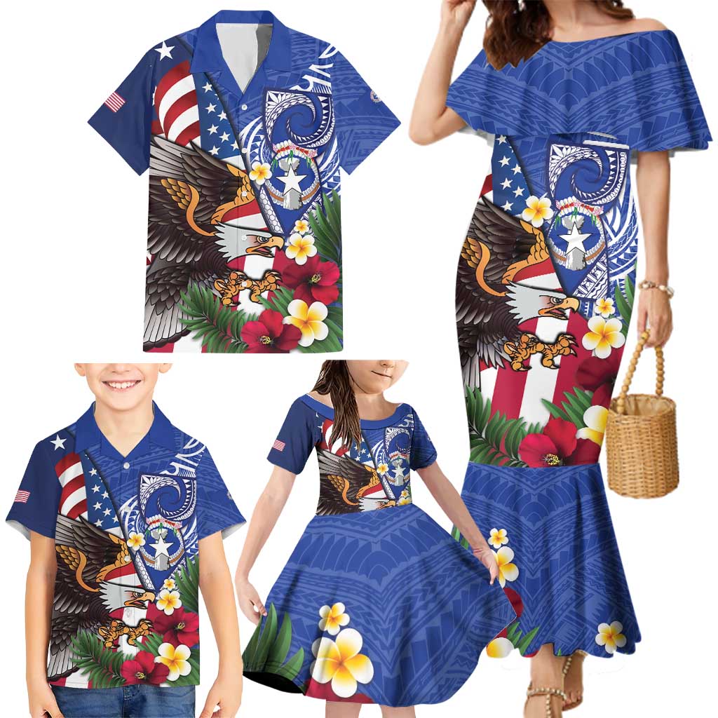 United States and Northern Mariana Islands Family Matching Mermaid Dress and Hawaiian Shirt USA Flag Eagle CNMI Latte Stone Tropical Flowers