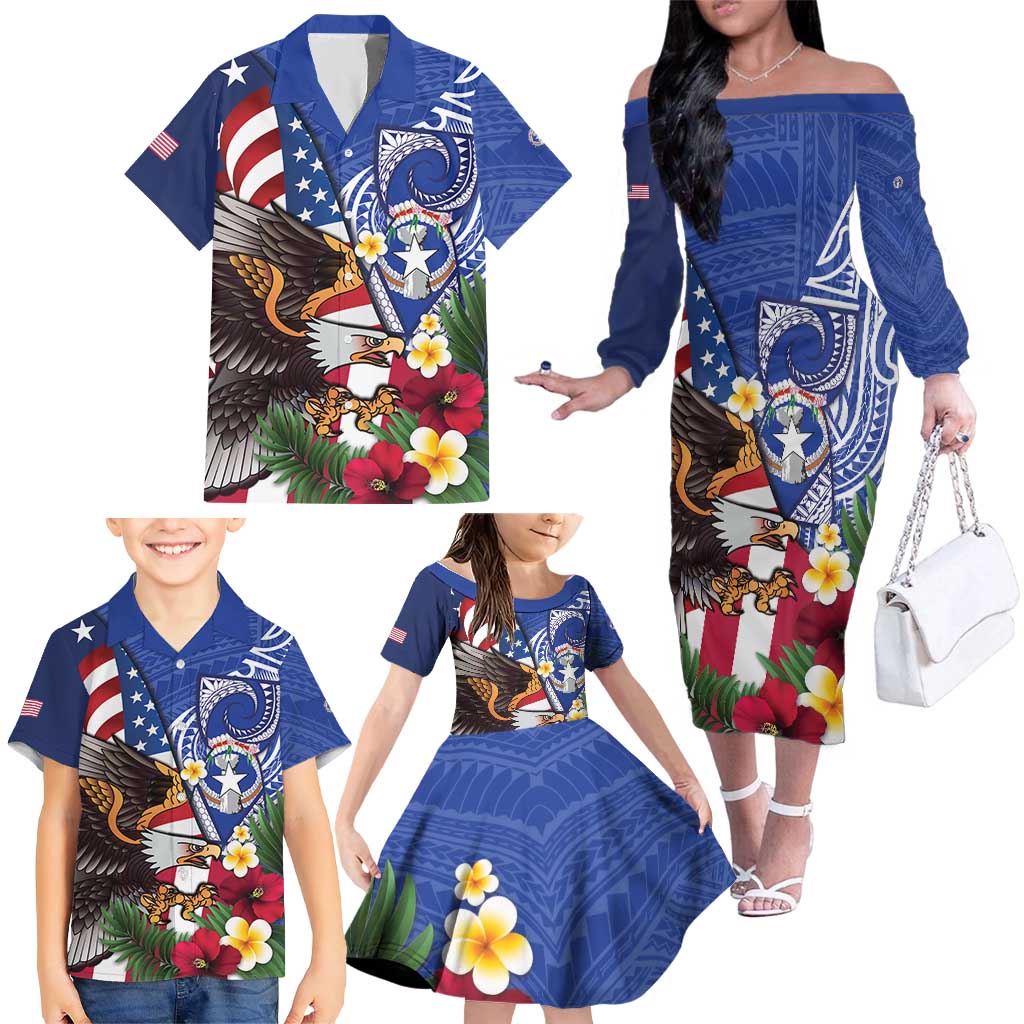 United States and Northern Mariana Islands Family Matching Off The Shoulder Long Sleeve Dress and Hawaiian Shirt USA Flag Eagle CNMI Latte Stone Tropical Flowers