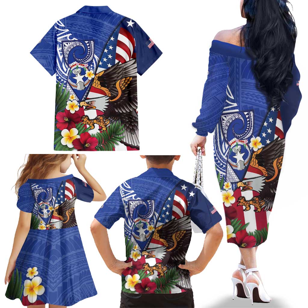 United States and Northern Mariana Islands Family Matching Off The Shoulder Long Sleeve Dress and Hawaiian Shirt USA Flag Eagle CNMI Latte Stone Tropical Flowers