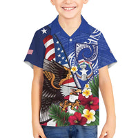 United States and Northern Mariana Islands Family Matching Off The Shoulder Long Sleeve Dress and Hawaiian Shirt USA Flag Eagle CNMI Latte Stone Tropical Flowers