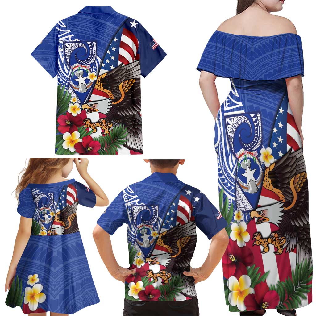 United States and Northern Mariana Islands Family Matching Off Shoulder Maxi Dress and Hawaiian Shirt USA Flag Eagle CNMI Latte Stone Tropical Flowers