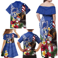 United States and Northern Mariana Islands Family Matching Off Shoulder Maxi Dress and Hawaiian Shirt USA Flag Eagle CNMI Latte Stone Tropical Flowers