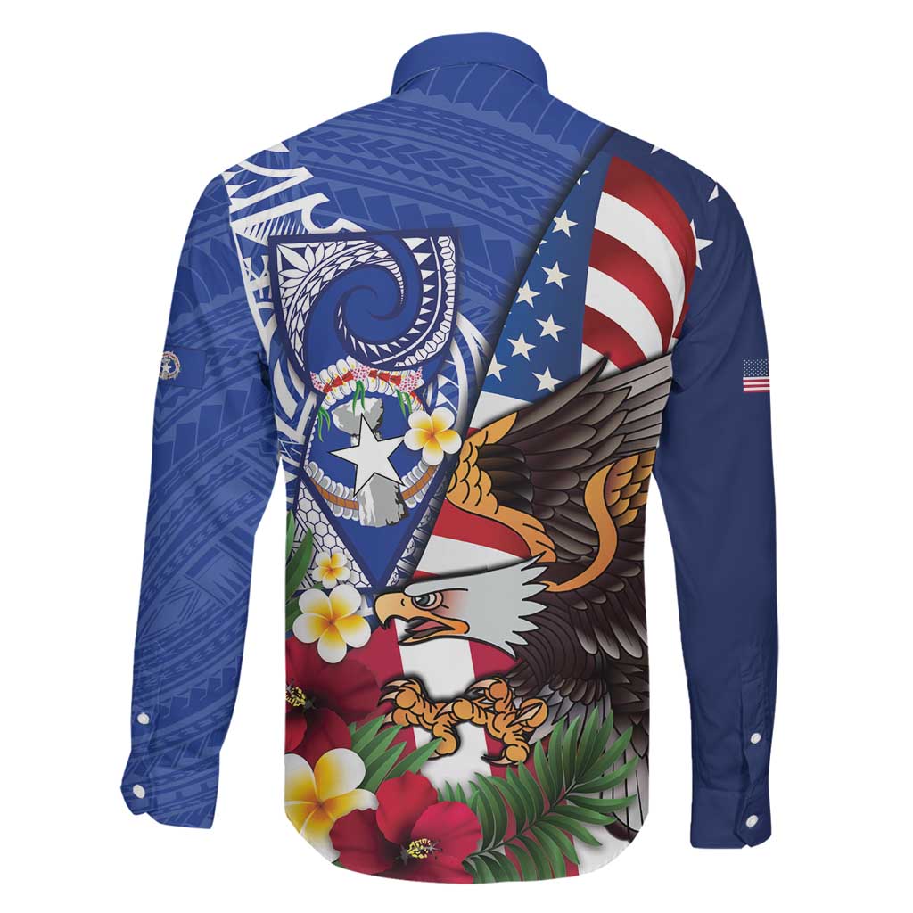 United States and Northern Mariana Islands Family Matching Off Shoulder Maxi Dress and Hawaiian Shirt USA Flag Eagle CNMI Latte Stone Tropical Flowers