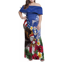 United States and Northern Mariana Islands Family Matching Off Shoulder Maxi Dress and Hawaiian Shirt USA Flag Eagle CNMI Latte Stone Tropical Flowers