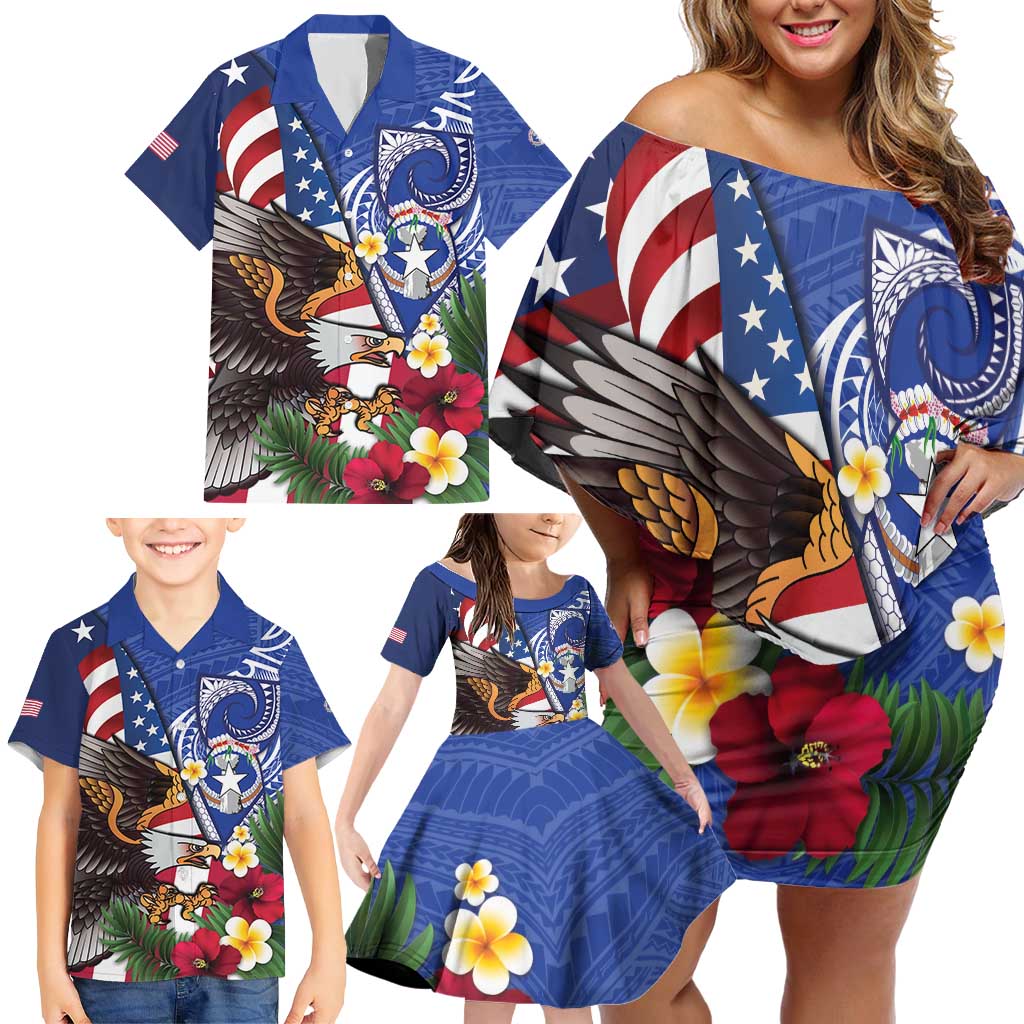 United States and Northern Mariana Islands Family Matching Off Shoulder Short Dress and Hawaiian Shirt USA Flag Eagle CNMI Latte Stone Tropical Flowers