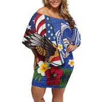United States and Northern Mariana Islands Family Matching Off Shoulder Short Dress and Hawaiian Shirt USA Flag Eagle CNMI Latte Stone Tropical Flowers LT14 Mom's Dress Blue - Polynesian Pride