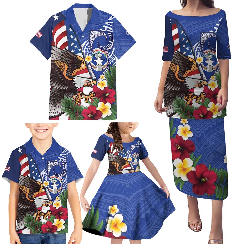 United States and Northern Mariana Islands Family Matching Puletasi and Hawaiian Shirt USA Flag Eagle CNMI Latte Stone Tropical Flowers