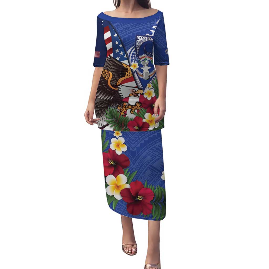 United States and Northern Mariana Islands Family Matching Puletasi and Hawaiian Shirt USA Flag Eagle CNMI Latte Stone Tropical Flowers LT14 Mom's Dress Blue - Polynesian Pride
