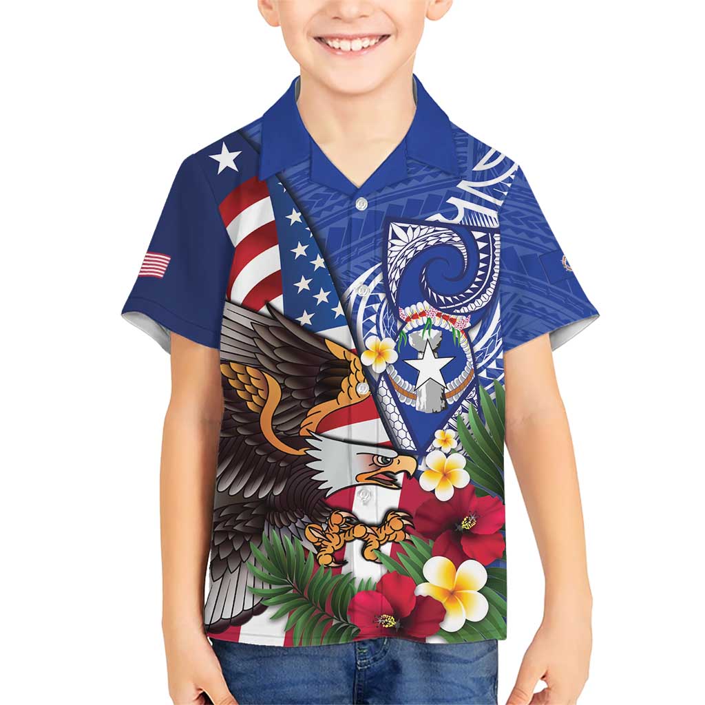 United States and Northern Mariana Islands Family Matching Puletasi and Hawaiian Shirt USA Flag Eagle CNMI Latte Stone Tropical Flowers LT14 Son's Shirt Blue - Polynesian Pride