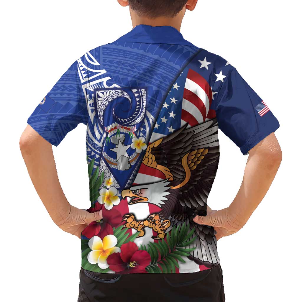 United States and Northern Mariana Islands Family Matching Short Sleeve Bodycon Dress and Hawaiian Shirt USA Flag Eagle CNMI Latte Stone Tropical Flowers