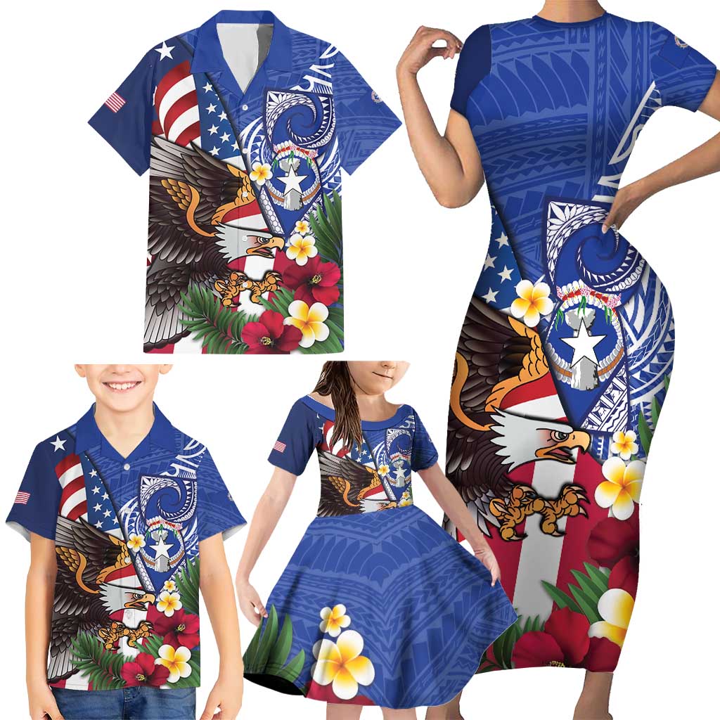 United States and Northern Mariana Islands Family Matching Short Sleeve Bodycon Dress and Hawaiian Shirt USA Flag Eagle CNMI Latte Stone Tropical Flowers