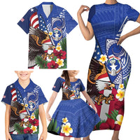 United States and Northern Mariana Islands Family Matching Short Sleeve Bodycon Dress and Hawaiian Shirt USA Flag Eagle CNMI Latte Stone Tropical Flowers