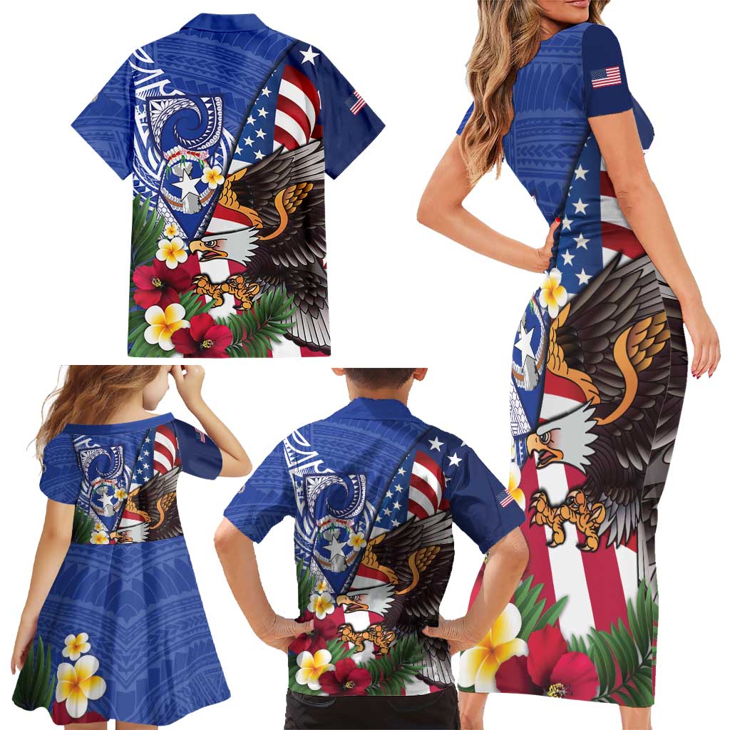 United States and Northern Mariana Islands Family Matching Short Sleeve Bodycon Dress and Hawaiian Shirt USA Flag Eagle CNMI Latte Stone Tropical Flowers
