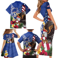 United States and Northern Mariana Islands Family Matching Short Sleeve Bodycon Dress and Hawaiian Shirt USA Flag Eagle CNMI Latte Stone Tropical Flowers