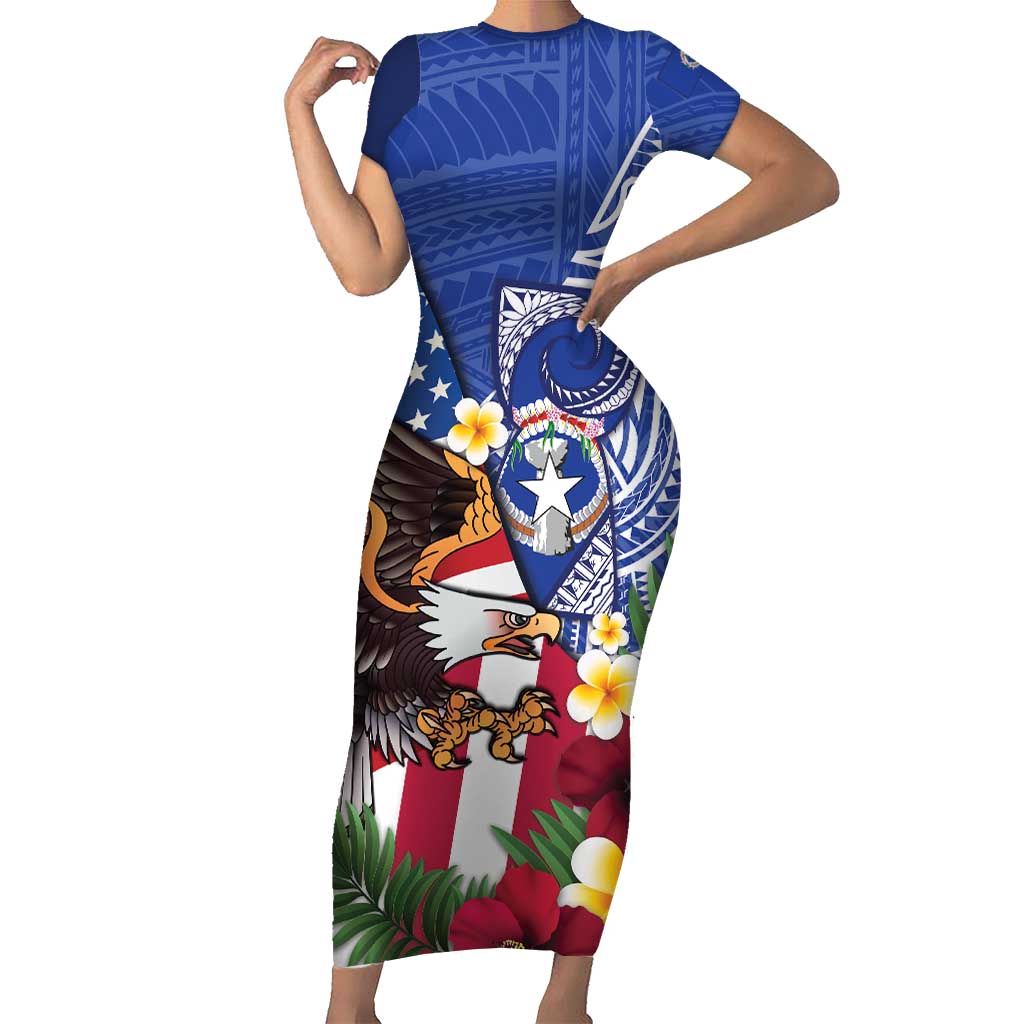 United States and Northern Mariana Islands Family Matching Short Sleeve Bodycon Dress and Hawaiian Shirt USA Flag Eagle CNMI Latte Stone Tropical Flowers