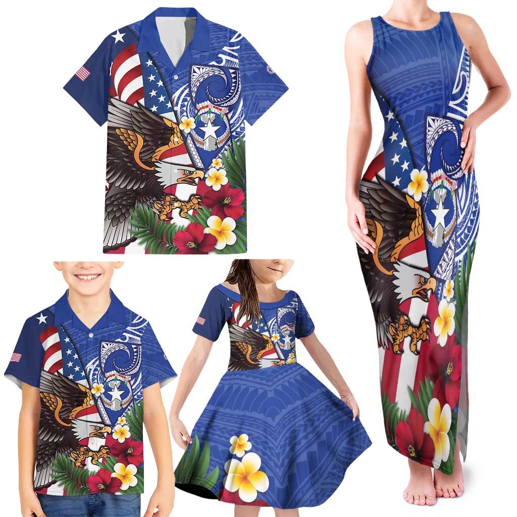 United States and Northern Mariana Islands Family Matching Tank Maxi Dress and Hawaiian Shirt USA Flag Eagle CNMI Latte Stone Tropical Flowers