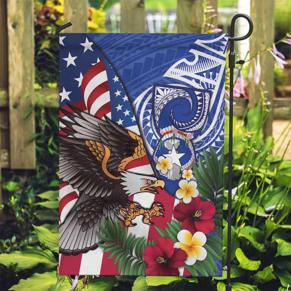 United States and Northern Mariana Islands Garden Flag USA Flag Eagle CNMI Latte Stone Tropical Flowers LT14 Garden Flag Blue - Polynesian Pride