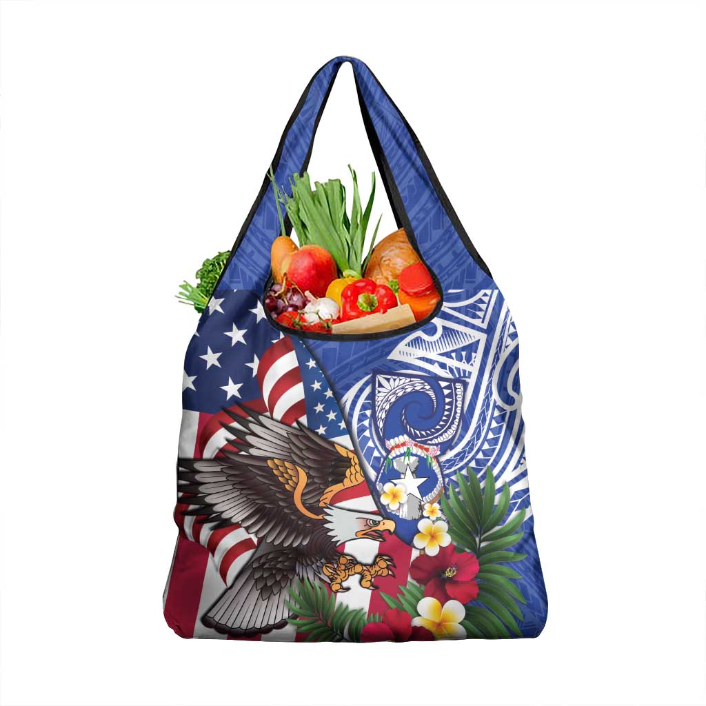 United States and Northern Mariana Islands Grocery Bag USA Flag Eagle CNMI Latte Stone Tropical Flowers LT14 1-pack One Size Blue - Polynesian Pride
