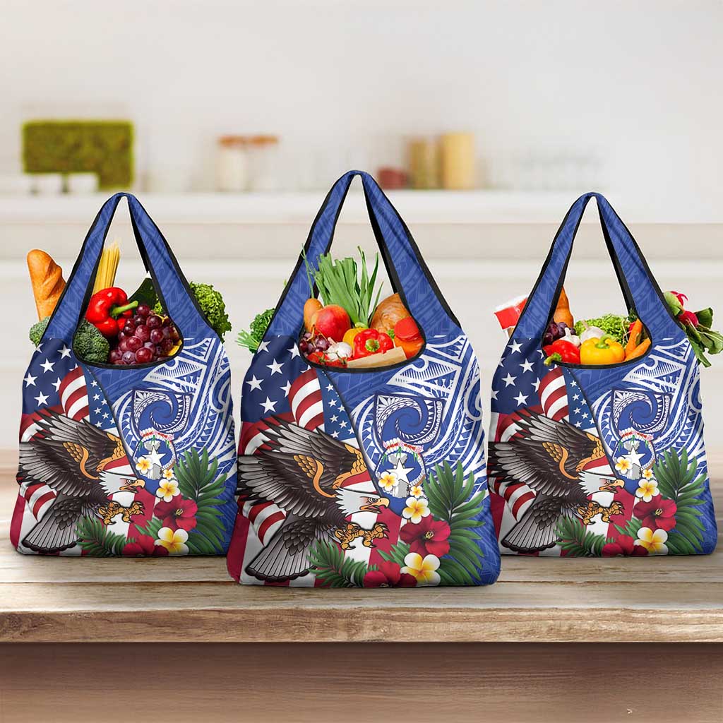 United States and Northern Mariana Islands Grocery Bag USA Flag Eagle CNMI Latte Stone Tropical Flowers LT14 3-pack One Size Blue - Polynesian Pride