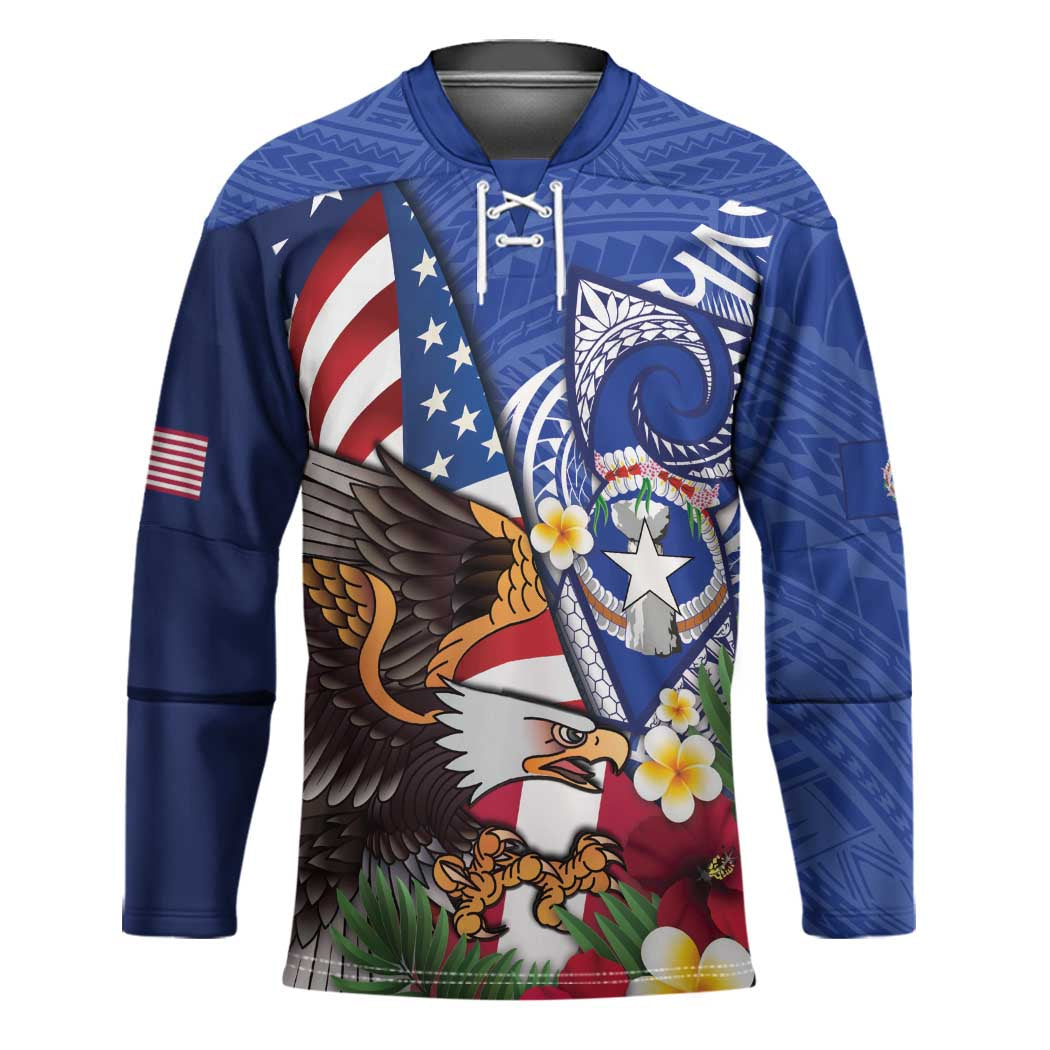 United States and Northern Mariana Islands Hockey Jersey USA Flag Eagle CNMI Latte Stone Tropical Flowers LT14 Unisex Blue - Polynesian Pride