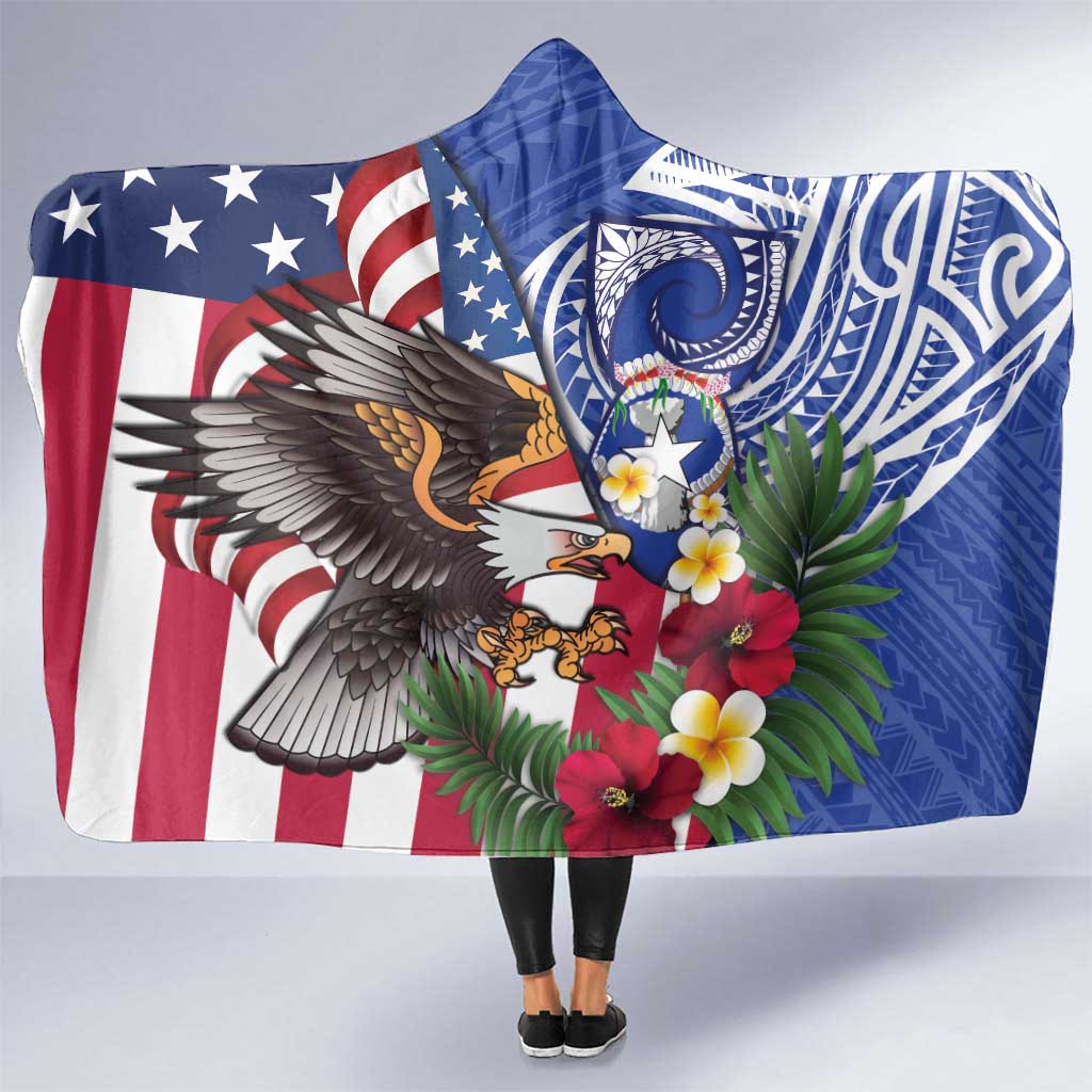 United States and Northern Mariana Islands Hooded Blanket USA Flag Eagle CNMI Latte Stone Tropical Flowers