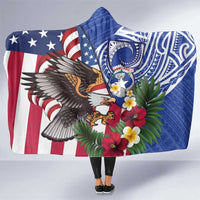 United States and Northern Mariana Islands Hooded Blanket USA Flag Eagle CNMI Latte Stone Tropical Flowers LT14 One Size Blue - Polynesian Pride