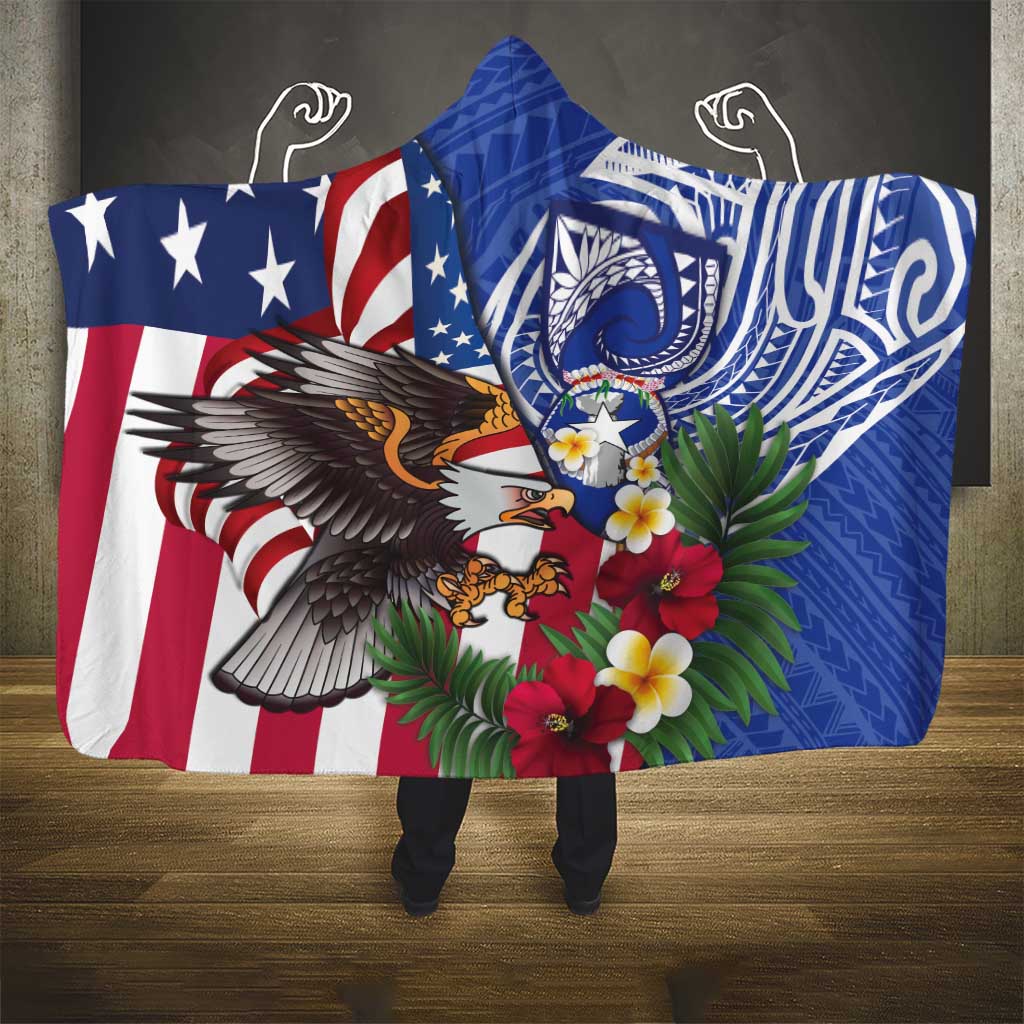 United States and Northern Mariana Islands Hooded Blanket USA Flag Eagle CNMI Latte Stone Tropical Flowers LT14 - Polynesian Pride