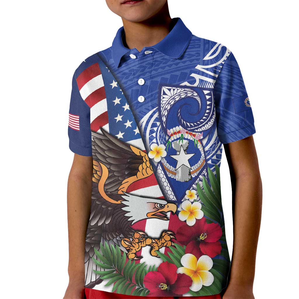 United States and Northern Mariana Islands Kid Polo Shirt USA Flag Eagle CNMI Latte Stone Tropical Flowers