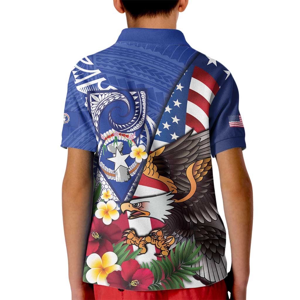 United States and Northern Mariana Islands Kid Polo Shirt USA Flag Eagle CNMI Latte Stone Tropical Flowers