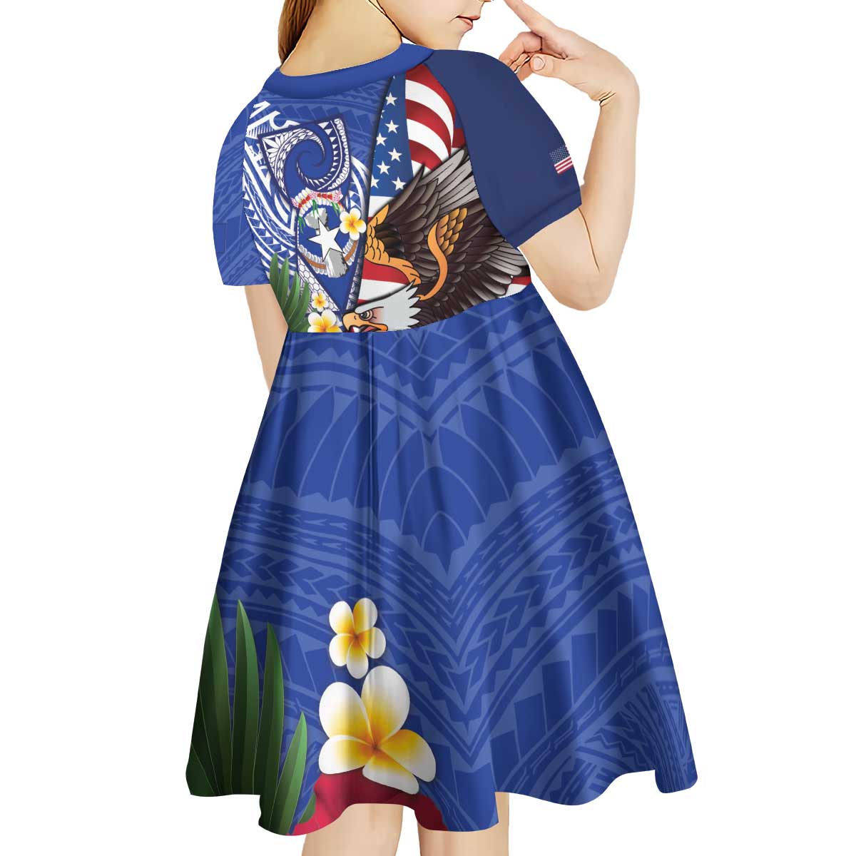 United States and Northern Mariana Islands Kid Short Sleeve Dress USA Flag Eagle CNMI Latte Stone Tropical Flowers