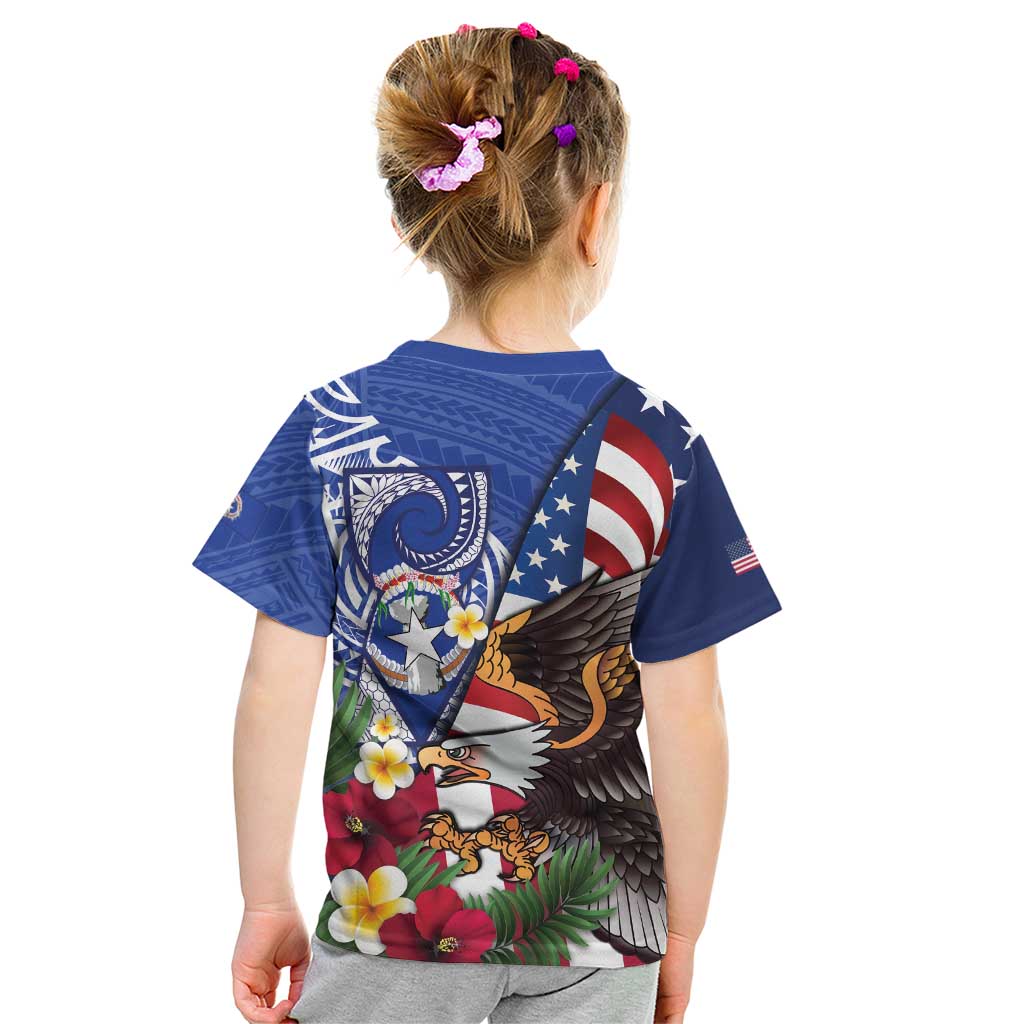 United States and Northern Mariana Islands Kid T Shirt USA Flag Eagle CNMI Latte Stone Tropical Flowers LT14 - Polynesian Pride