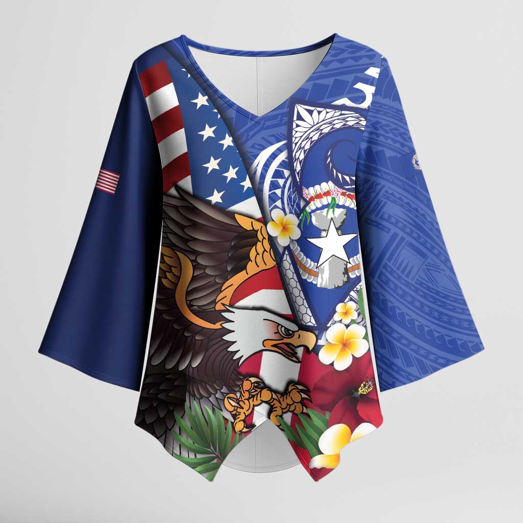 United States and Northern Mariana Islands Kimono Sleeve Blouse USA Flag Eagle CNMI Latte Stone Tropical Flowers LT14 Female Blue - Polynesian Pride