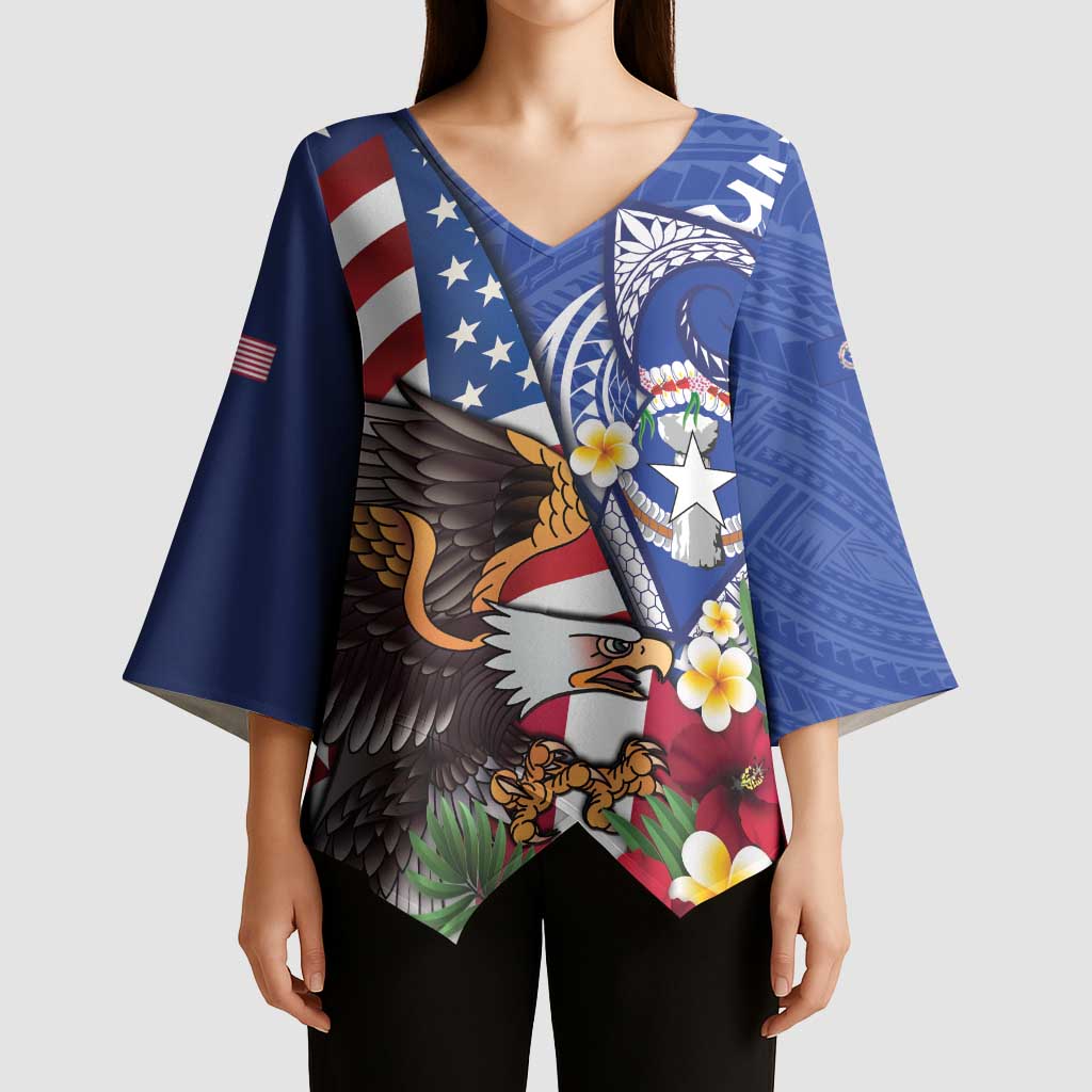 United States and Northern Mariana Islands Kimono Sleeve Blouse USA Flag Eagle CNMI Latte Stone Tropical Flowers LT14 - Polynesian Pride