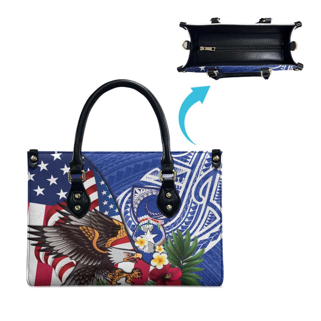 United States and Northern Mariana Islands Leather Bag USA Flag Eagle CNMI Latte Stone Tropical Flowers LT14 - Polynesian Pride