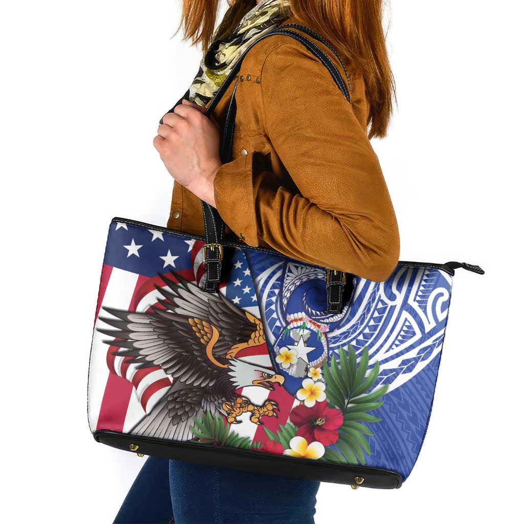 United States and Northern Mariana Islands Leather Tote Bag USA Flag Eagle CNMI Latte Stone Tropical Flowers LT14 Blue - Polynesian Pride
