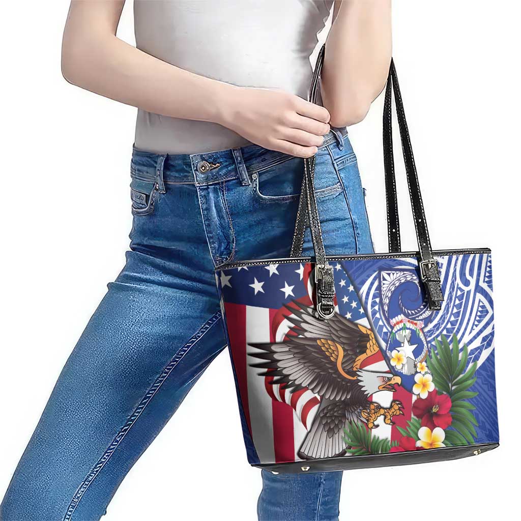United States and Northern Mariana Islands Leather Tote Bag USA Flag Eagle CNMI Latte Stone Tropical Flowers LT14 - Polynesian Pride