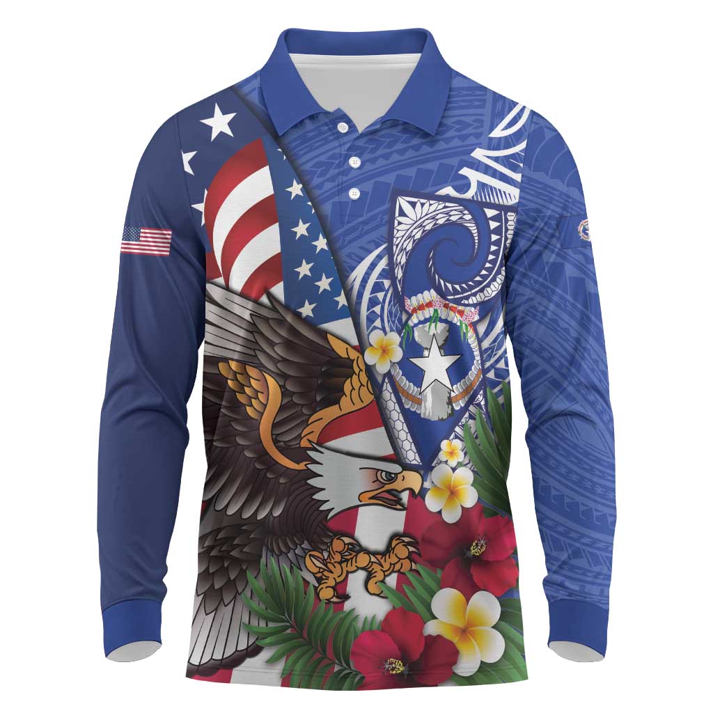 United States and Northern Mariana Islands Long Sleeve Polo Shirt USA Flag Eagle CNMI Latte Stone Tropical Flowers