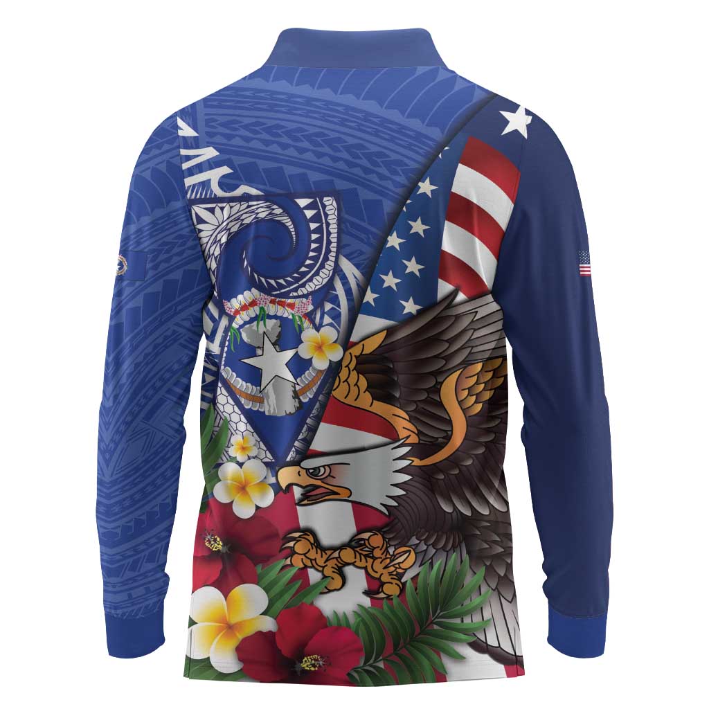 United States and Northern Mariana Islands Long Sleeve Polo Shirt USA Flag Eagle CNMI Latte Stone Tropical Flowers