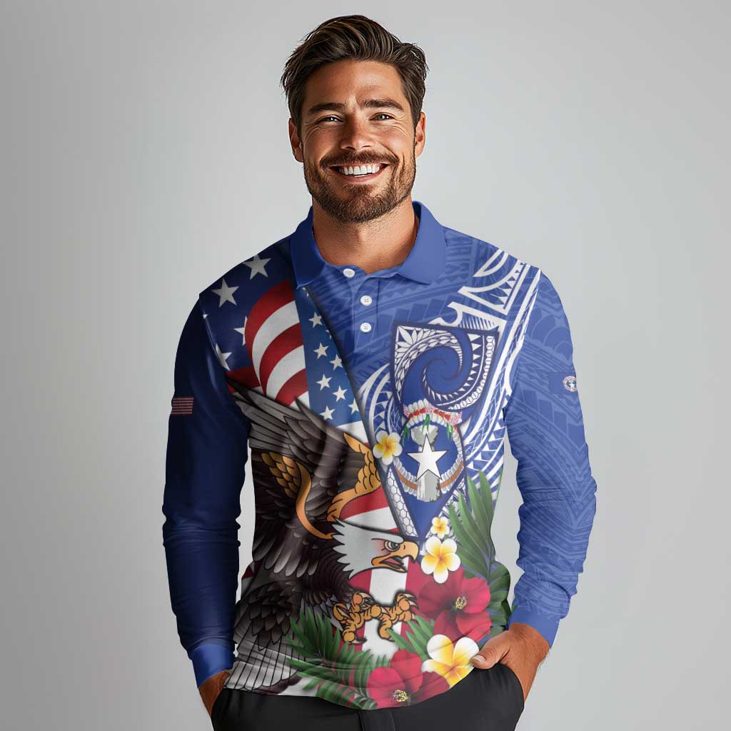 United States and Northern Mariana Islands Long Sleeve Polo Shirt USA Flag Eagle CNMI Latte Stone Tropical Flowers