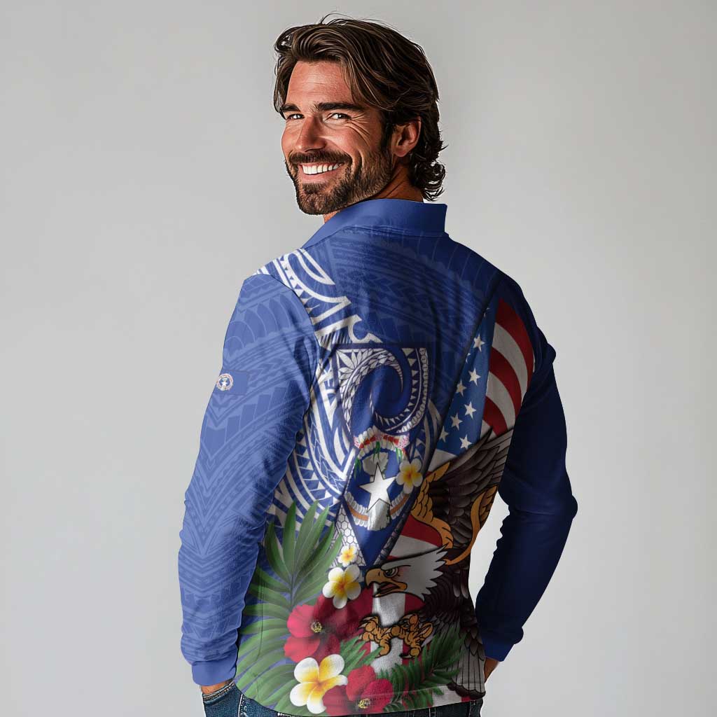 United States and Northern Mariana Islands Long Sleeve Polo Shirt USA Flag Eagle CNMI Latte Stone Tropical Flowers