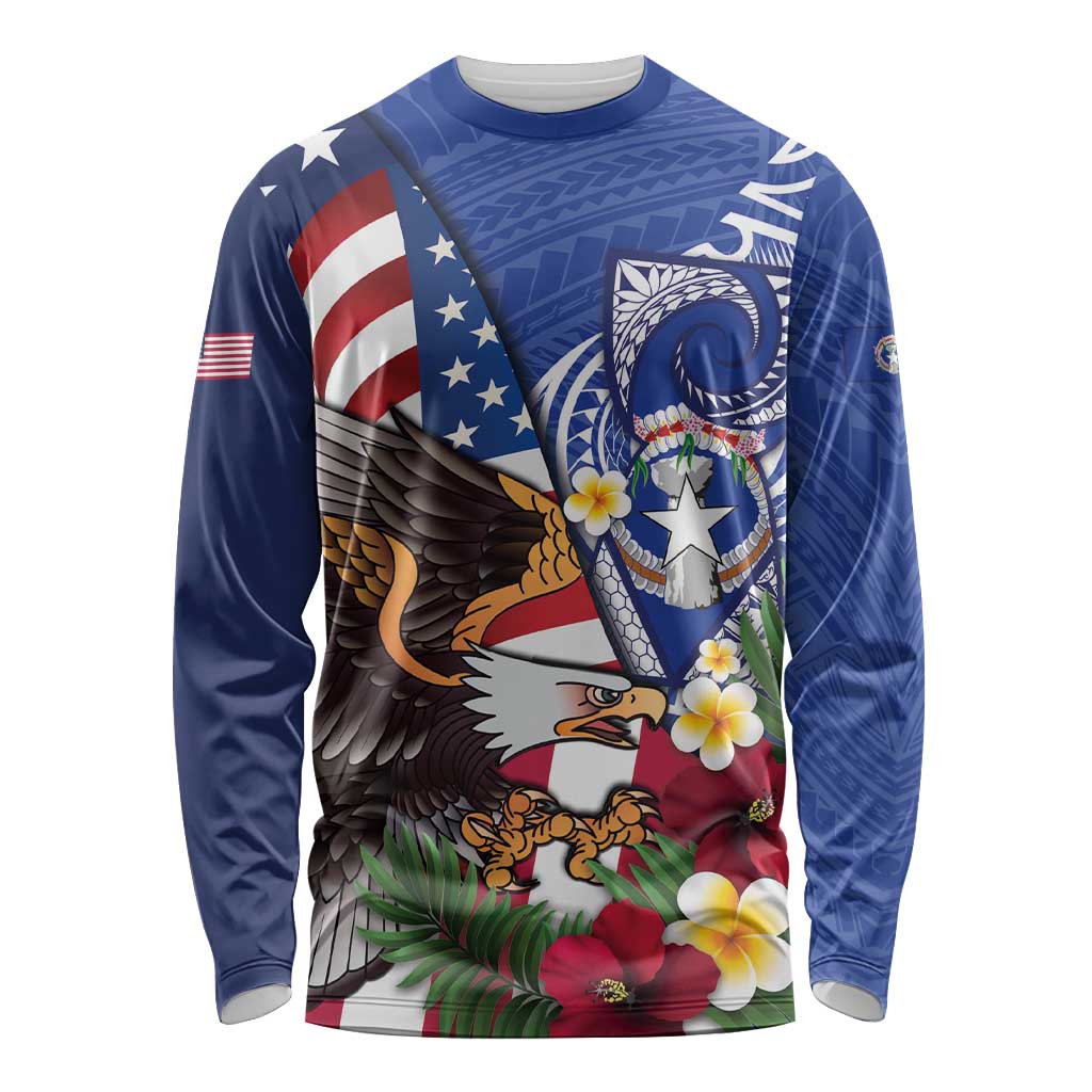 United States and Northern Mariana Islands Long Sleeve Shirt USA Flag Eagle CNMI Latte Stone Tropical Flowers