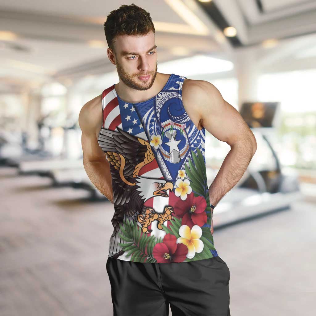 United States and Northern Mariana Islands Men Tank Top USA Flag Eagle CNMI Latte Stone Tropical Flowers