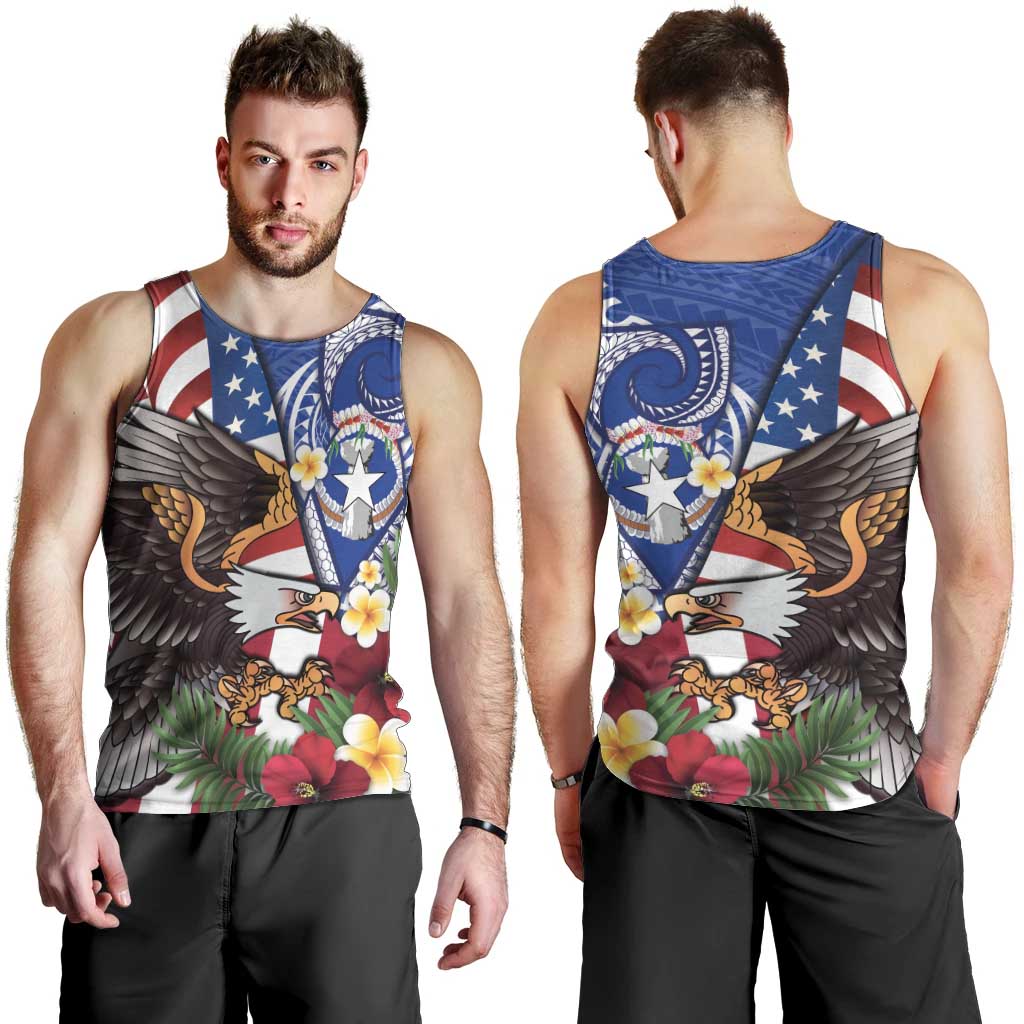 United States and Northern Mariana Islands Men Tank Top USA Flag Eagle CNMI Latte Stone Tropical Flowers