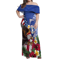 United States and Northern Mariana Islands Off Shoulder Maxi Dress USA Flag Eagle CNMI Latte Stone Tropical Flowers LT14 Women Blue - Polynesian Pride