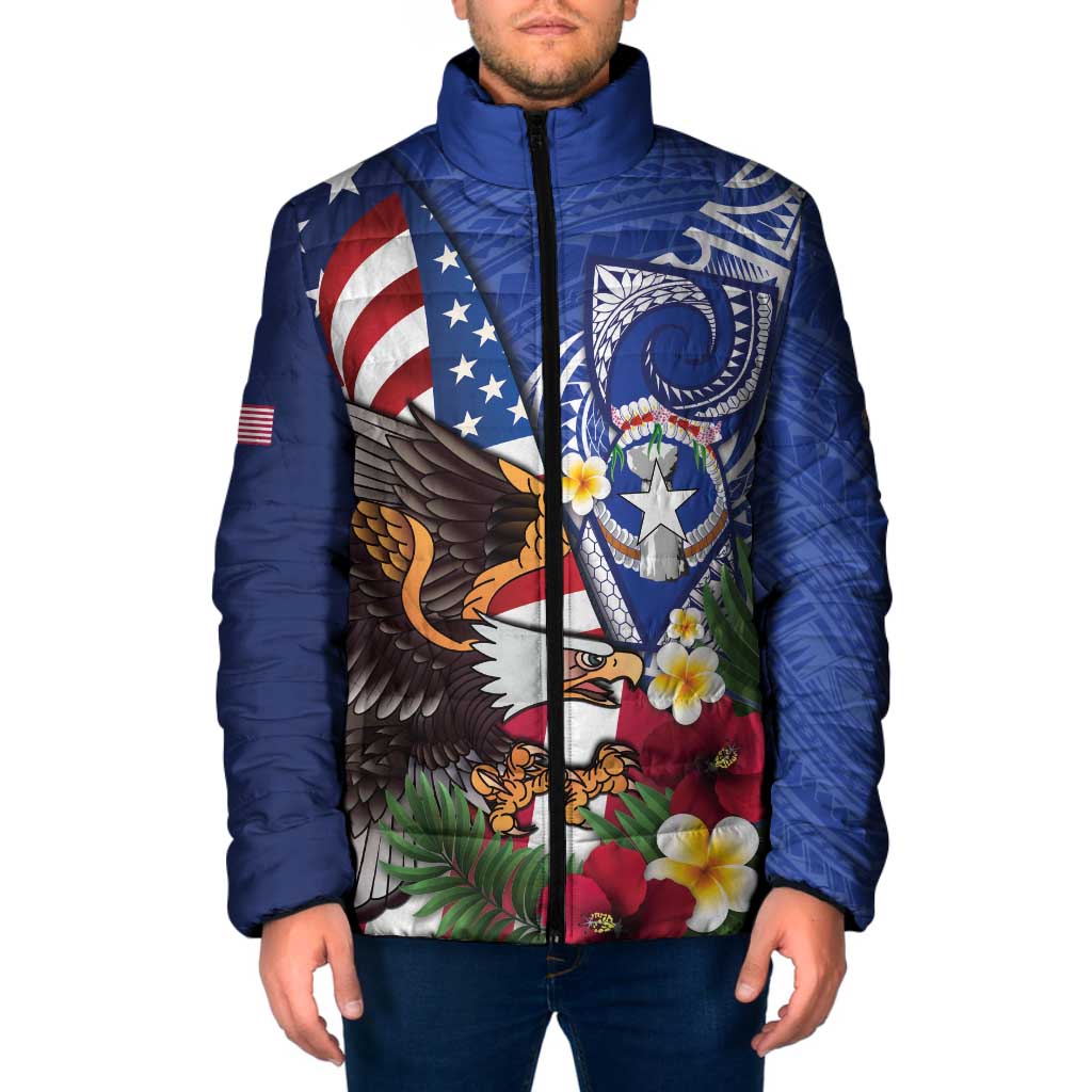 United States and Northern Mariana Islands Padded Jacket USA Flag Eagle CNMI Latte Stone Tropical Flowers LT14 Men Blue - Polynesian Pride