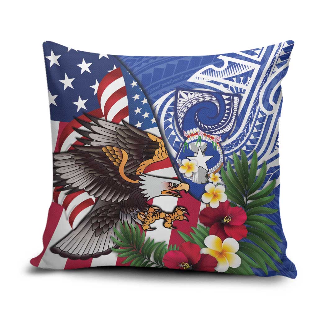 United States and Northern Mariana Islands Pillow Cover USA Flag Eagle CNMI Latte Stone Tropical Flowers LT14 Blue - Polynesian Pride